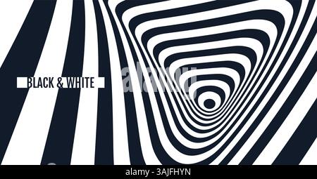 The geometric background by stripes. Black and white modern pattern with optical illusion. 3d vector illustration for brochure, annual report, magazin Stock Vector
