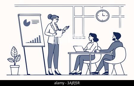 Illustration of a corporate team discussing data on a chart in an office meeting room with a clock and plant. Stock Vector