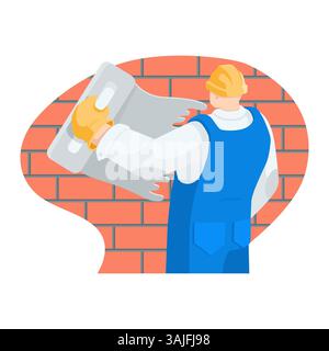 vector illustration of a builder plastering a brick wall, in color on a white background, work on construction and repair Stock Vector
