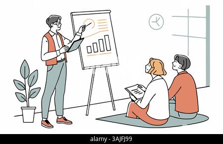 Illustration of a team analyzing business data on a chart in an office meeting room with a clock and plant. Stock Vector