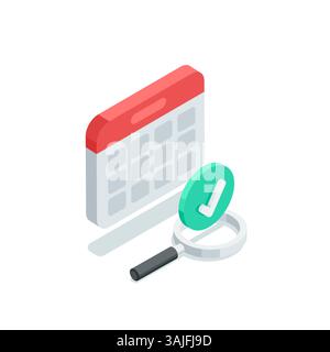 isometric vector calendar and magnifying glass with a check mark, in color on a white background, archive search Stock Vector