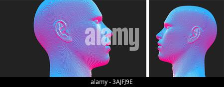 Abstract digital human head constructing from cubes. Minimalistic design for business presentations, flyers or posters. Technology and robotics concep Stock Vector