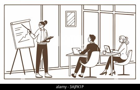 Illustration of a corporate team planning growth on a chart in an office meeting room with windows and a frame. Stock Vector