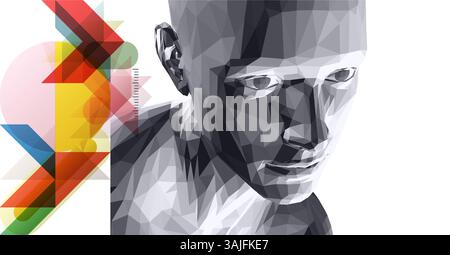 Art composition. Abstract transparency geometrical background. Digital human head constructing from cubes. Cover design template for presentation, ban Stock Vector