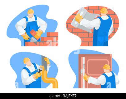 vector illustration in the form of a set of builder character performing different work, in color on a white background, laying bricks and plastering Stock Vector