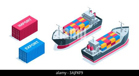 isometric cargo ship or tanker with containers, in color on a white background, water cargo transportation Stock Vector