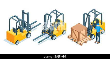 isometric vector set of forklift with pallet and box and working man, in color on a white background, warehouse equipment and staff Stock Vector