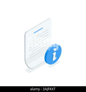 isometric vector information icon and sheet of paper, in color on white background, business documentation for help or training Stock Vector