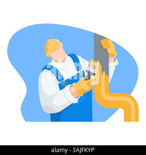 vector illustration of a builder in a helmet and uniform painting a pipe at a construction site, in color on a white background, work on construction Stock Vector