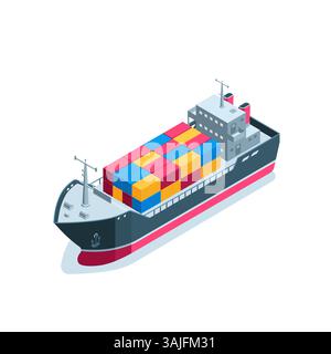 isometric cargo ship or tanker with containers, in color on a white background, water cargo transportation Stock Vector