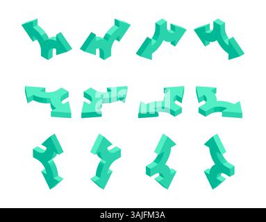 isometric set of double arrows, in color on a white background, pointers for infographics and design Stock Vector
