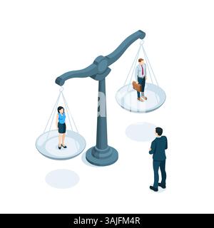 isometric business man and woman on scales, in color on a white background, comparing or evaluating workers and staff Stock Vector