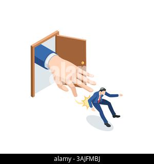 isometric vector hand of the boss from the open door flick away a bad employee, in color on a white background, working with staff or punishing for ba Stock Vector