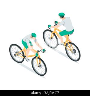isometric cyclist in helmet and gloves, in color on a white background, riding a bicycle in or outside the city and cycling Stock Vector