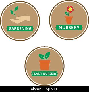 Colored plants nursery signs with drawings of hand, leaf, flower and a pot on a white background Stock Vector