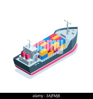 isometric cargo ship or tanker with containers, in color on a white background, water cargo transportation Stock Vector
