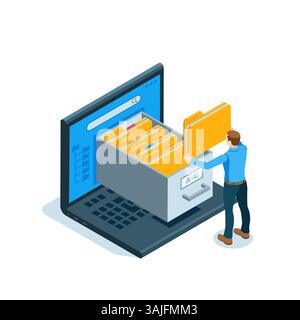 isometric business man working with archive on computer screen, in color on white background, online data archive or data storage Stock Vector