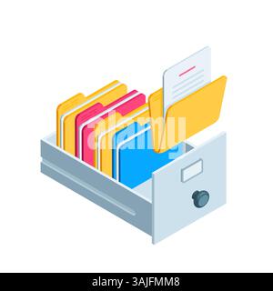 isometric archive of documents in the form of a retractable shelf, in color on a white background, a place for storing folders with documents Stock Vector