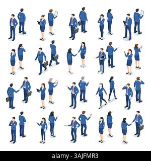 isometric vector set of business people in suits, in color on a white background, men and women with phones or tablets in different poses, office empl Stock Vector