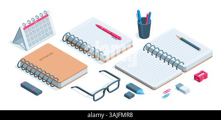 isometric set of notebook with pen and pencils next to calendar and glasses, in color on white background, office notepad in closed and open view Stock Vector