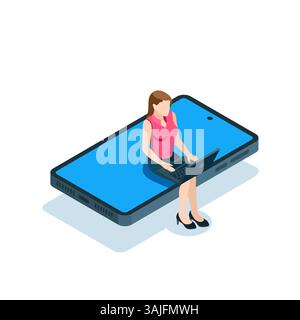 isometric business woman with laptop sitting on smartphone, in color on white background, digital gadgets at work Stock Vector