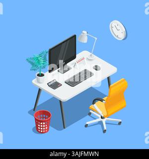 isometric chair and table with a computer and a lamp as well as a calculator and calendar, in color on a white background, workplace or office Stock Vector