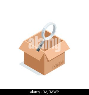 isometric vector opened box and magnifying glass, in color on white background, checking parcels or searching Stock Vector