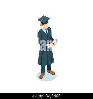 isometric man in bachelor's gown and hat with diploma, in color on white background, higher education or student graduate Stock Vector