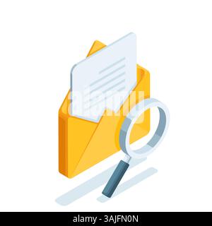 isometric open envelope with document and magnifying glass, in color on white background, email or correspondence viewing Stock Vector