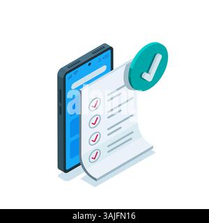 isometric document and checkmarks on smartphone screen in color on white background, approve or successful testing Stock Vector