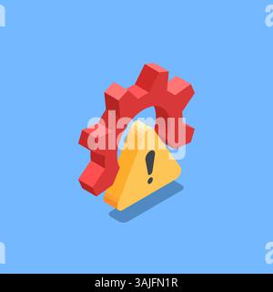 isometric vector gear and triangle sign with exclamation, in color on blue background, defect or malfunction or error Stock Vector