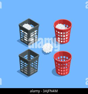 isometric vector set of office wastebasket and crumpled paper, in color on a white background, cleanliness and order in the workplace Stock Vector
