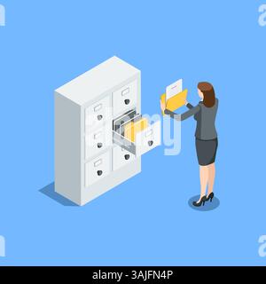isometric archival cabinet with a retractable shelf and and a business woman with a folder, in color on a white background, working with documents in Stock Vector