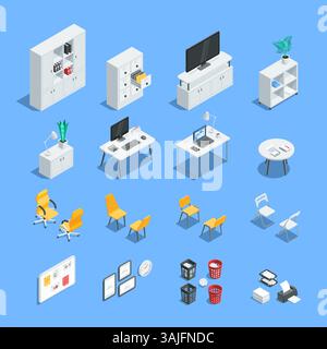 isometric vector set of office furniture, in color on a blue background, tables with a computer and armchairs, a wardrobe with cabinets and shelves fo Stock Vector