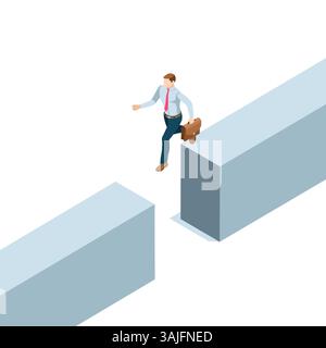isometric business man jumping over an abyss, in color on a white background, overcoming obstacles in business and risks Stock Vector