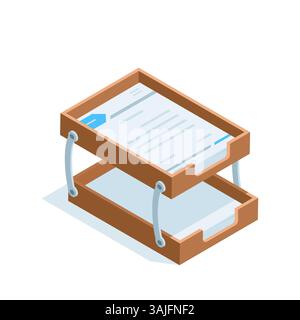 isometric office tray for papers and documents, in color on a white background, paper work Stock Vector