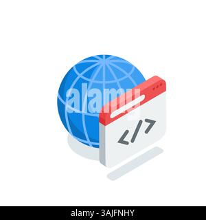 isometric window with program code icon and globe, in color color on a white background, seo or web development or internet page Stock Vector