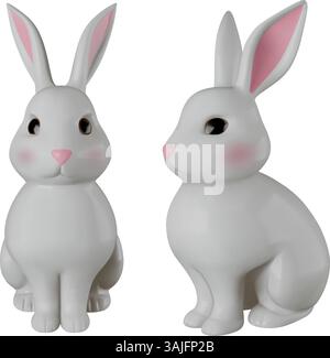 isolated 3d easter rabbit. bunny 3d realistic illustration front and side view Stock Vector