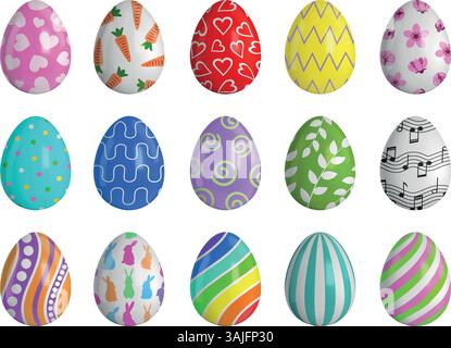 set of isolated easter eggs with colorful decorations. collection of 3d realistic easter eggs Stock Vector