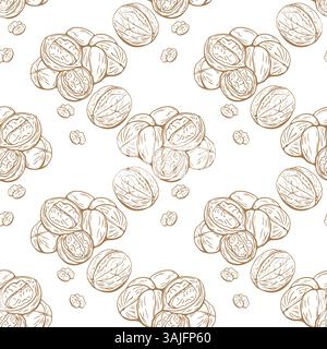 Pattern with hand drawn walnut illustrations in vintage style. Ideal for backgrounds, textile, food branding, and packaging design. Stock Vector