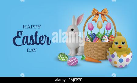 easter banner with colorful eggs and tulips in a wicker basket, carrot and 3d white rabbits Stock Vector