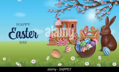 easter banner with chocolate rabbit, colorful eggs and gingerbread train. easter poster with sweets Stock Vector