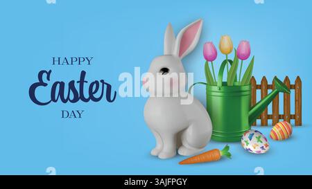 easter banner with colorful eggs and tulips in a wicker basket, carrot and 3d white rabbits Stock Vector