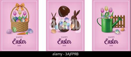 set of easter cards with wicker basket, watering can, chocolate rabbits and colorful eggs Stock Vector