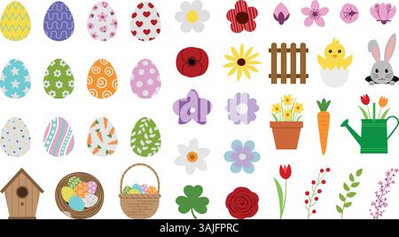 set of easter flat elements. collection of easter decorations flat illustration Stock Vector