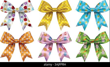 set of isolated easter bows with colorful patterns. collection of bow ribbons with easter texture Stock Vector