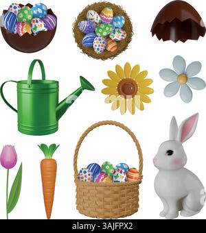 easter 3d isolated elements. isolated easter realistic decorations Stock Vector