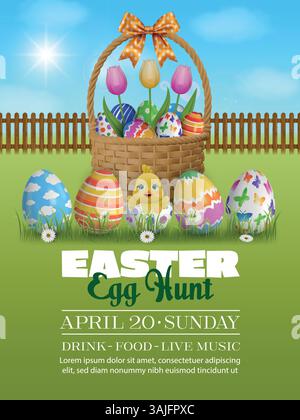 easter eggs hunt flyer with rabbit cute chick in a hatched egg and wicker basket with eggs on spring background Stock Vector