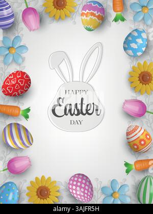 easter background with colorful eggs and 3d flowers and carrots. easter poster with eggs nad flowers frame Stock Vector