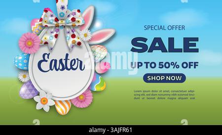 easter sale banner with egg shaped label, colorful eggs, flowers and carrots Stock Vector